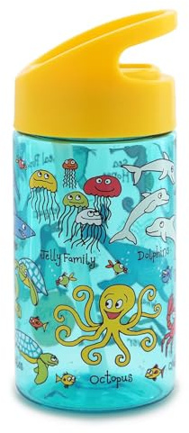 Tyrrell Katz Kids Ocean Printed Flip Top Drinking Bottle with Straw - Dishwasher Safe Lightweight Children's School Water Flask - 400 ml