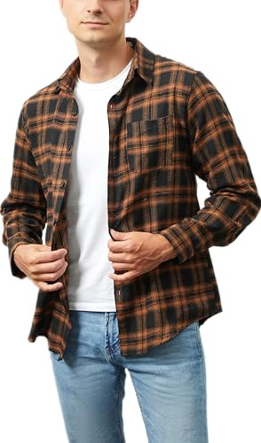 Yukiuiny Camicia Flanella a Quadri 100% Cotone per Uomo Maniche Lunghe - Blusa Casual con Chiusura a Bottoni(Arancione-Marrone-Nero),S
