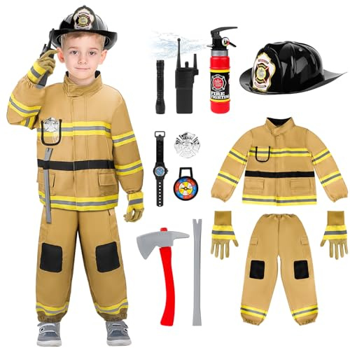 deAO Brandkår kostym set för barn, barn brandkår rollspel set med brandsläckare jacka hjälm visselpipa leksak, brandkår cosplay 3–4 år gamla pojkar flickor barnens dag karneval, gul (storlek 3T)