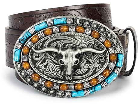 Ceinture de cowboy western pour femme – Cuir PU Longhorn Bull Turquoise Boucle en relief Ceinture pour jeans, pantalons, robes, café, Suit for 31-35 Waist