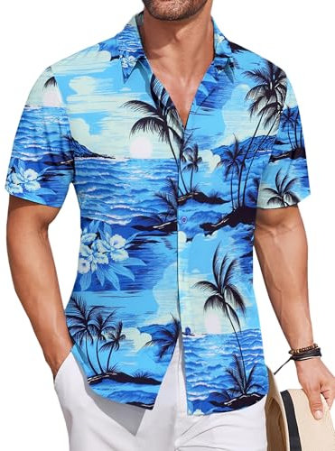 COOFANDY Mens Hawaiian Shirts Short Sleeve Summer Shirt Floral Holiday Shirts for Men Aloha Shirt for Party Palm Tree Blue XL