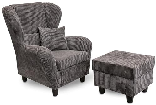 lifestyle4living - Moderner Ohrensessel mit Hocker – Große Auswahl an Stoffen und Farben - Gemütlicher Designer-Sessel im eleganten Landhaus-Stil, Cordgrau