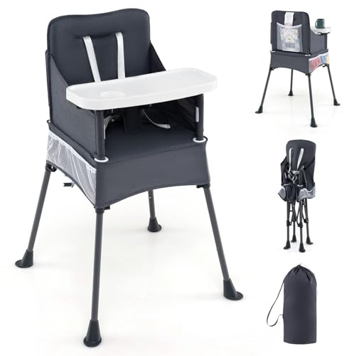 COSTWAY Seggiolone Pieghevole per Bambini, Seggiolone Salvaspazio con Vassoio Regolabile a 2 Livelli, Cintura di Sicurezza, Aperture Regolabili per Gambe, Tasche, per Bambini 6-36 Mesi