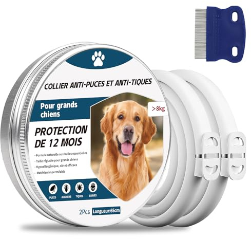 2 Pcs Collier Anti Puces pour Chien, 65cm Réglable Collier Anti-Puces et Tiques pour Chiens et Imperméable, 8 Mois Protéger (Gros Chien)