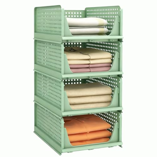 DECODEKO 4 Pcs Organizador Armario, Cajones Extraibles Apilables y Plegables para Armarios, Cajas Almacenaje Ropa de Plastico,Separadores para Ropa Cocina Dormitorio Baño - 33 x 43 x 18 cm, Verde