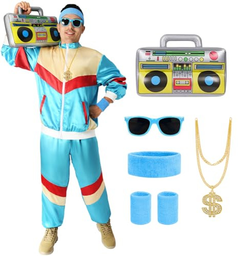 Aomig Disfraces Años 80 Hombre Mujer, Chándal Retro para Rockstar | Disfraz Chándal Años 80 con Diadema Muñequera, Carnaval Halloween Cosplay Fiestas Disfraz Neón Jogging