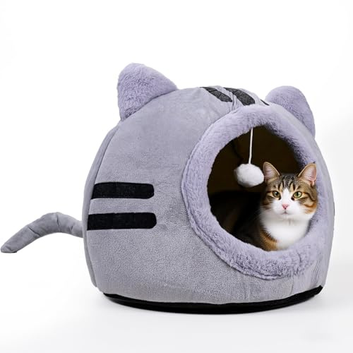 Cuccia per gatti Highlandhue per gatti domestici, forma di gatto 40x40x32cm, grande cuccia per gatti grigio scuro, cuccia pieghevole per gatti con cuscini lavabili, tenda per gatti per gattini