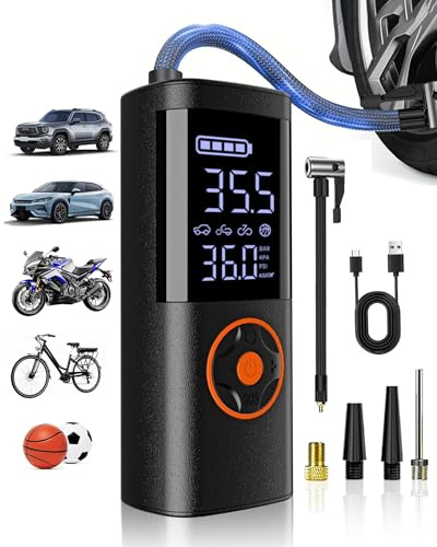 TEMOLA Elektrische Luftpumpe,Tragbar Akku Kompressor mit Manometer, Fahrradpumpe Elektrisch 150PSI, Auto Zubehör für Männer, Mini Luftpumpe Fahrrad mit LED für Auto Motorrad Fahrrad Kugel