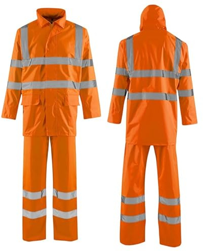 Hi Vis Waterproof Rainsuit 2 Piece Jacket & Trousers Set – High Visibility Workwear Safety Rain Suit Overalls Protective Clothing Outdoor Work Unisex Lightweight Synthetic Waterproof Orange XL