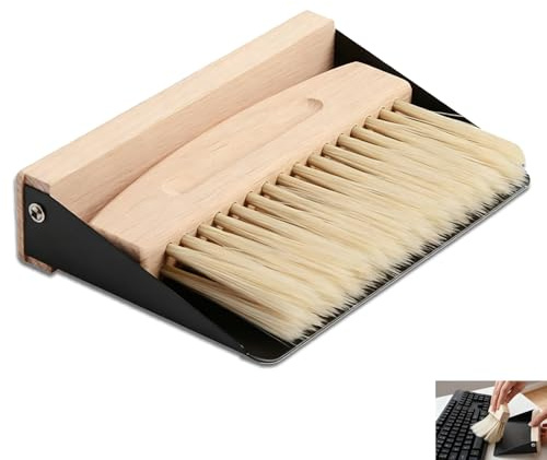 Small Dustpan and Brush Set, Mini Wooden Table Brush, Metal Dustpan Portable Crumb Sweeper for Tabletop Countertop Kitchen Office Desktop Car, Broom Set for Bread Crumbs Coffee Grounds (Black Dustpan)