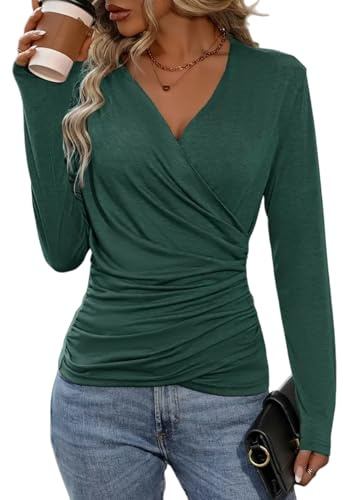 YOUNIFIZ Womens Deep V Neck Long Sleeve Wrap Tops Fall Spring Casual Shirts Sexy Wrap Ruched Blouse Tops Dark Green