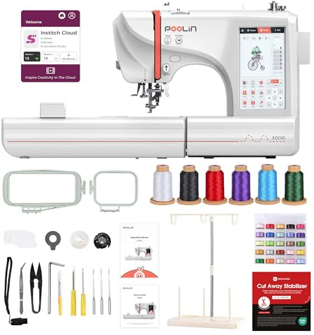 PooLin EOC05 macchina da ricamo elettronica - Schermo LCD touchscreen da 7, cornici 10×10 cm e 10×23,5 cm, importazione di motivi USB/Wi-Fi, ideale per principianti ed esperti