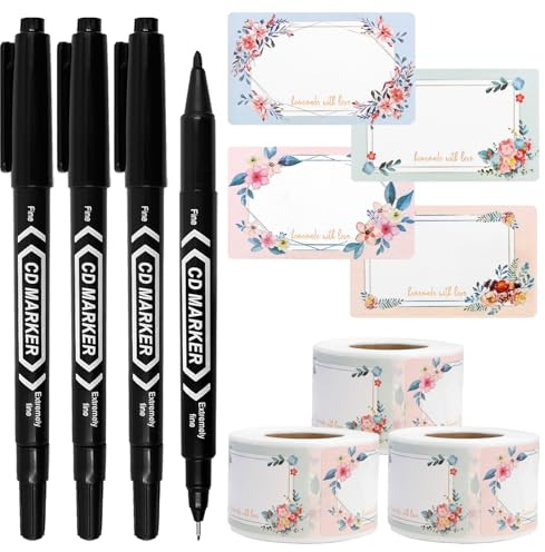 750 Sheets Labels with 4pcs Pens, Address Labels Stickers Floral Handwritten DIY Blank Tags for Kitchen Jars and Pantry Storage, 50 x 30 mm