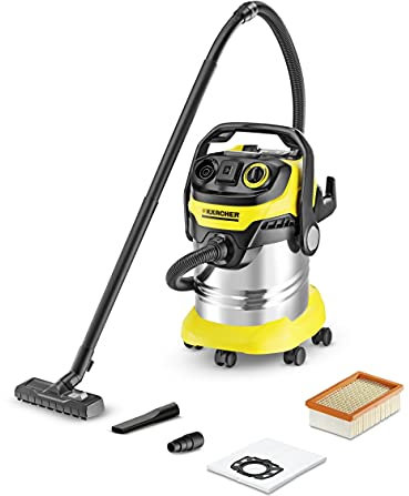 Kärcher 1.348-234.0 WD 5 P Premium Aspiratore Solidi-Liquidi, Vano Raccolta 25 l, Acciaio Inox, Presa Elettroutensile, Sacchetto, Filtro Plissettato, Bocchetta Piatta, 1100 W