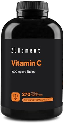 Vitamin C 1000 mg, 270 Vegane Tabletten (9 Monate Vorrat) – Antioxidans, Reduziert Müdigkeit und Erschöpfung – Nur 1 Tablette pro Tag mit Reinem Vitamin C – Zenement