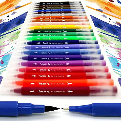 Tomaxis Aquarellstifte Felt Tip Brush Pinselstifte Dual-Tip Malstifte - Feine & Bürstenspitze Kunstmarker Filzstifte Zeichenstifte Highlighter Ausmalstifte für Erwachsene Malbücher Kalligraphi