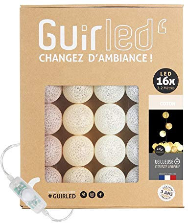 GuirLED - LED Baumwollkugeln Lichterkette USB - Baby Nachtlicht 2h - Dual USB 2A Netzteil enthalten - 3 Intensitäten - 16 Kugeln 1.6m - Baumwolle