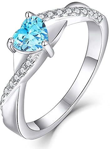 YL Verlobungsring Herz 925 Sterling Silber März Geburtsstein Aquamarinblau Kreuz Unendlichkeit Solitaire Ehering Ring für Braut Damen (Größe 50)