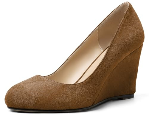 AUMOTED Women's Round Toe 3.5 Inch High Wedge Heels Pumps Slip On High Shoes for Party Prom Wedding Dress Shoes Suede Brown US Size 8