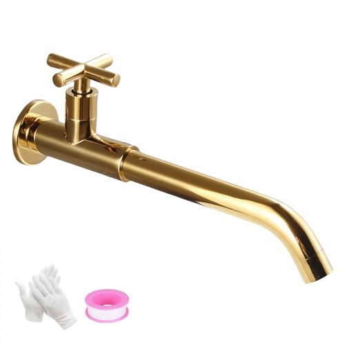 NIUKOMY Grifo de Agua Fría Montado Pared, Grifos Lavabo de Mural Latón Oro, Grifería de Jardín Largo, Giratorio 360° Grifo Frío con Manija Cruzada para Cocina Fregadero Baño Lavandería, G1/2