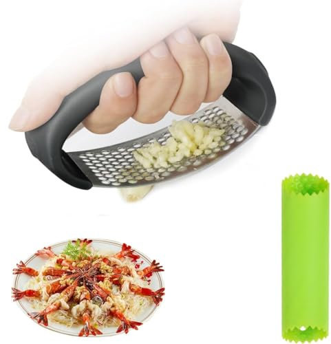 AMFUN Presse-ail à Bascule en Acier Inoxydable, Presse-ail Manuel, Garlic Press Rocker Crusher, Concasseur à Ail avec Outil Éplucheur en silicone, Appareil de Cuisine, 2PCS