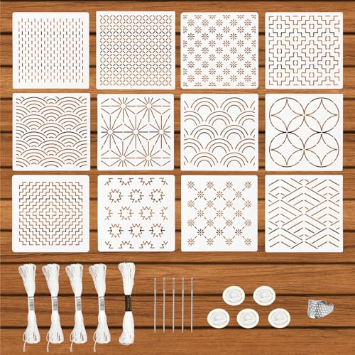28pz Kit di Stencil Sashiko in Plastica, Include 12pz Stencil per Ricamo Sashiko Geometrici Semplici 1pz Ditale 5pz Aghi 5 Rotolo Fili 5pz Supporti per Dita per Trapuntatura Cucito Ricamo