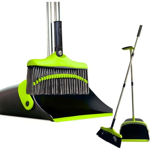 FLOORINGTON Long Handled Dustpan and Brush Set Upright Broom with Soft Bristles & Durable Dustpan for Indoor and Outdoor Cleaning (GREEN & BLACK)
