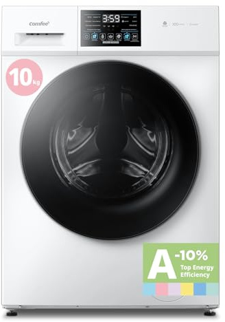 COMFEE' CFP03EW100W-FR Lave-linge autonome, Capacité 10KG, Classe A -10%, Soin Vapeur, Moteur BLDC, Woolmark, Panneau Tactile, Blanc [Classe Énergétique A]
