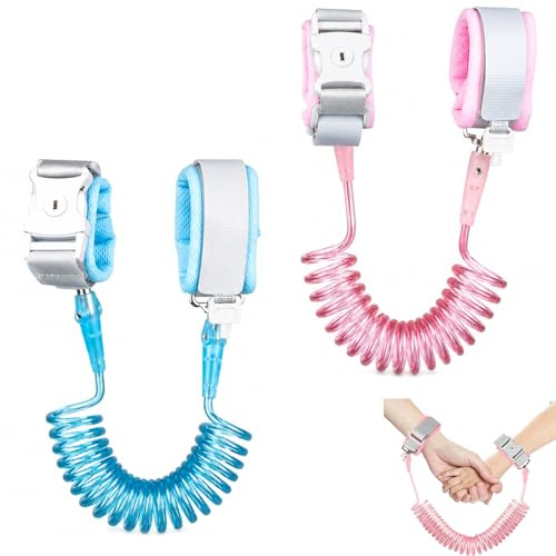 2 Pieces Toddler Reins, Anti Lost Toddler Wrist Reins, Anti Lost Toddler Walking Leash, 1.5M 360 Degree Rotating Wrist Strap with Elastic Wire Rope, for Kids Baby Boys Girls, Blue & Pink