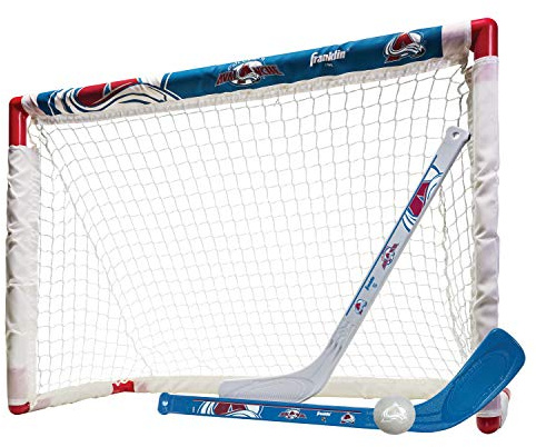 Franklin Sports NHL Colorado Avalanche Mini Hockey Set - Kids Indoor Knee Hockey Goal, Ball, + 2 Mini Stick Combo Set - Youth NHL Team Indoor Toy Sets - Ages 3+