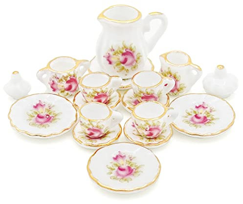 Odoria 1/12 Scale Dolls House Miniature Tea Sets 15Pcs Dollhouse Accessories, Rose