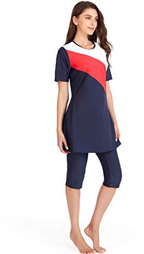 seafanny Muslim Swimwear Islamic Women's Short Sleeve Modest Swimsuit Rash Guard Surfing Beachwear Burkini (Red, XL (UK Size 12-14))
