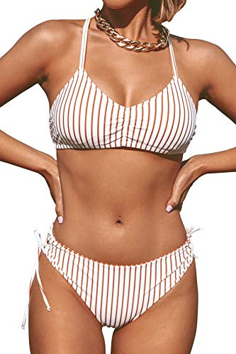 CUPSHE Bikiniset med flätade band på ryggen, bikini med snörning, vändbar underdel, badkläder i två delar, Brunrandig, S