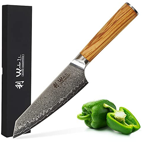 Wakoli Oribu Kiritsuke Messer - Scharfes Küchenmesser mit 15 cm Klinge – Damastmesser aus 67 Lagen Damaststahl mit VG-10 Kern, 60±2 HRC, Full Tang Gemüsemesser mit Olivenholzgriff in Geschenkbox