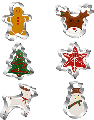 Ausstechformen Weihnachten, 6 Stück Edelstahl Plätzchen Ausstecher - Weihnachtsbaum, Schneemann, Lebkuchenmann, Schneeflocke, Rentier, Rentiergesicht Keksausstecher für Weihnachten Backen