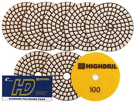 HIGHDRIL Almohadillas Pulido Diamante Seco - 8piezas #100 Almohadillas Lijado 100MM para Granito Piedra Mármol Suelo Grinder Pulir Almohadilla Kit para Taladro, Amoladora, Pulidora