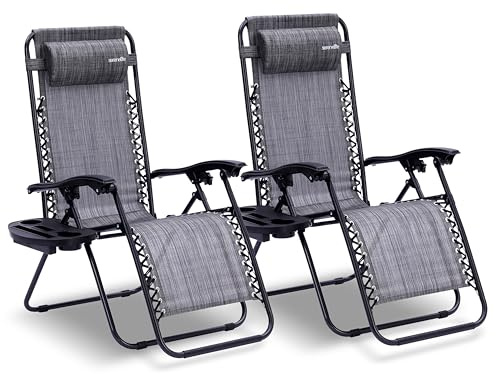 SereneLife Liegestuhl Klappbar, Relaxliege 2er Set Grau als Gartenmöbel zum Relaxen & Liegen, Sonnenstuhl für Balkon, Garten, Terrasse & Camping mit Seitentisch, Kopfkissen & Getränkehalter