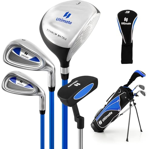 GYMAX Kids Golf Clubs, Junior Golf Set for Right Hand Includes #3 Fairway Wood & #7 & #9 Irons, Putter & Golf Stand Bag, Portable Youth Children Club (for Age 11-13, Blue)