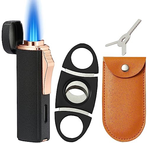 Futlidys Lighter and Cutter Set, Built-in Punch, Triple Jet Flame Gas Lighter, Refillable Windproof Butane Lighters. Black(Sold Without Gas)