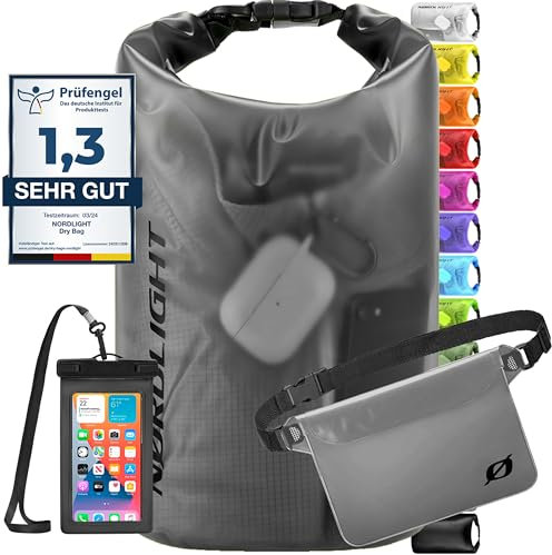Nordlight wasserdichte Tasche 3er Set (Anthrazit) - Dry Bag 5l + wasserdichte Handyhülle + wasserdichte Hüfttasche | IPX8 Schutz | Mit Verstellbaren Gurten Für Strand, Stand Up Paddling