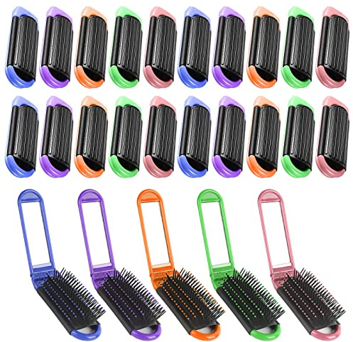 Merkaunis 20 Pcs Travel Hair Brush, Portable Folding Hair Brush with Mirror, Mini Compact Hair Comb Collapsible Pocket Brush for Women, Colorful Travel Brush for Home Travel Gym Purse (5 colors)