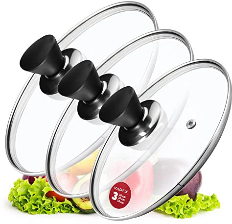 KADAX Ensemble de couvercles de casserole, couvercles universels en verre avec poignée, ensemble de couvercles résistants à la chaleur de différentes tailles, ensemble de couvercles de poêle