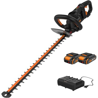 WORX Nitro 24 Cordless Hedge Trimmer, Electric Hedge Trimmer with Dual-Action Blades & 3400 SPM, Brushless Bush Trimmer with 180° Rotating Handle, 2 Batteries & Charger Included, WG286