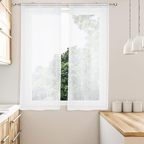 HOMEYA - Cortina Cocina tranaparente 2 Unidades - Visillo para Cocina diseño de Rayas 2 Paneles para Ventana - 60 x 90 Blanco