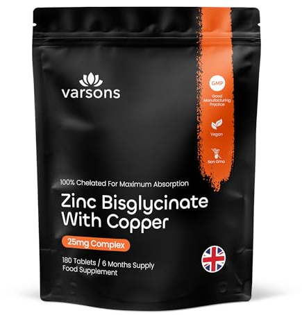 Zinc Bisglycinate 25mg with Copper - Chelated High Absorption Zinc Supplements for Immunity, Skin, Bones & Hair - 6 Month Supply, Vegan-Friendly & Magnesium Stearate-Free