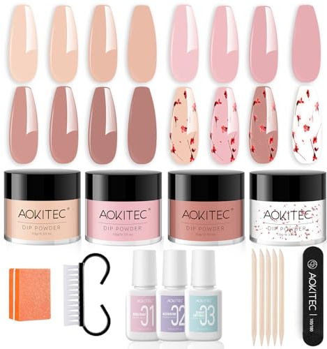 Aokitec Dip Powder Nail Kit - 4 Colors With Liquid Set and Dried Flower for Home DIY Salon Use - Gift for Women and Girls
