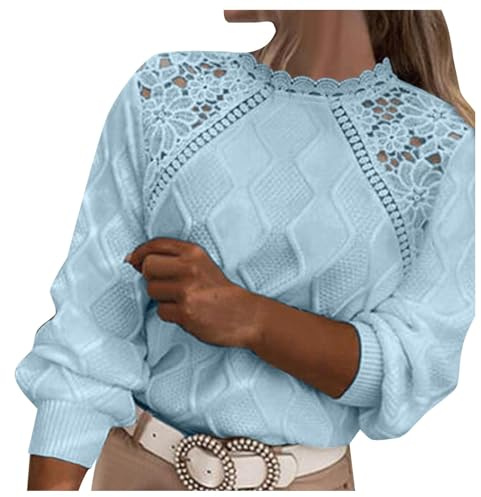 Pull Femme Chic Et Elegant en Maille Torsadé Manches Longues Puff Ample Sexy Sweatshirt Crochet Ajouree Patchwork Multicolore Pas Cher Hauts Casual Fall Tops