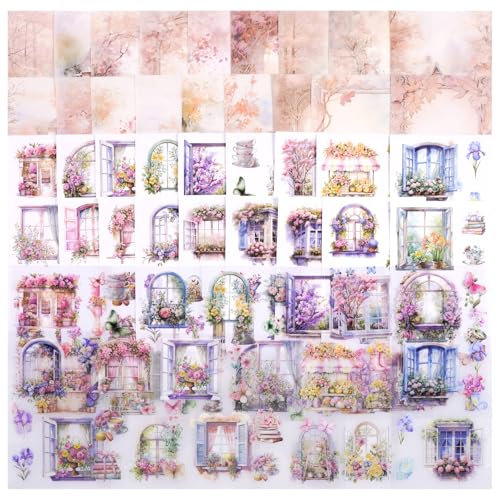 54 Blätter Scrapbook Supplies Kit, Fenster Blume Schmetterling vorgeschnitten PET und Washi Aufkleber mit ästhetischem Schrott Buchpapier für Junk Journals Art Journaling Scrapbooking