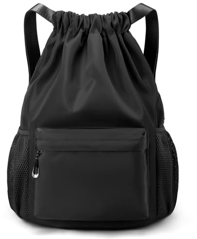 LOKAPEGY Black Drawstring Backpack for Women, Waterproof Drawstring Gym Bag for Men, Small Cinch Sack for Basketball, Pull String Sport Bag for Soccer.