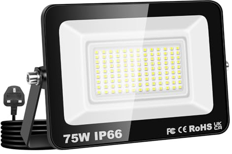 Willpower Faretto LED Esterno 75W 7500LM, Faro LED con Spina Proiettore LED 6000K Bianco IP66 Luce di Sicurezza a LED Illuminazione per Garage Giardino Cortile Patio Piazza Officina